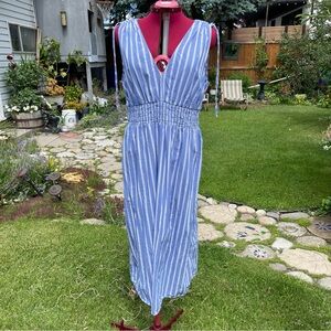 Blue Striped Grecian Style Cotton Sleeveless Dress